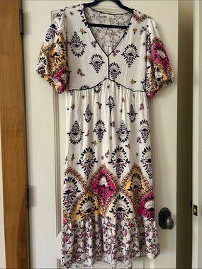 Fig + Flower White Midi Dress with Pink & Gold Floral Border and Puff Sleeves
